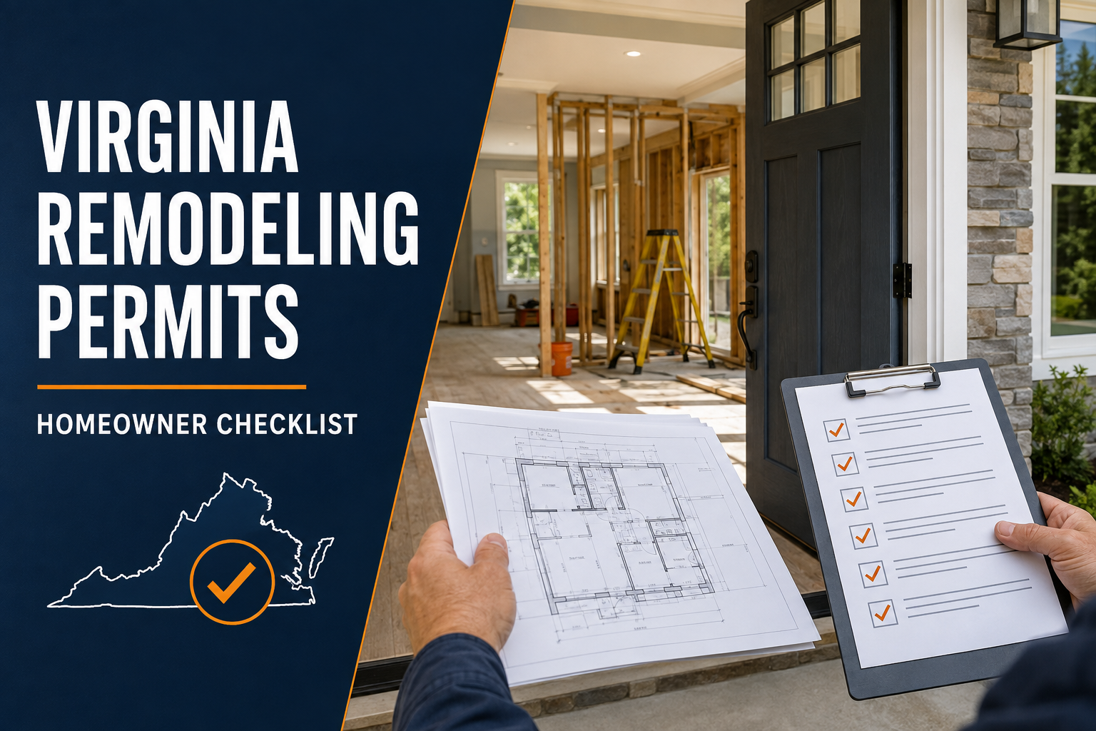 Virginia remodeling permits homeowner checklist with construction plans and a home renovation project.